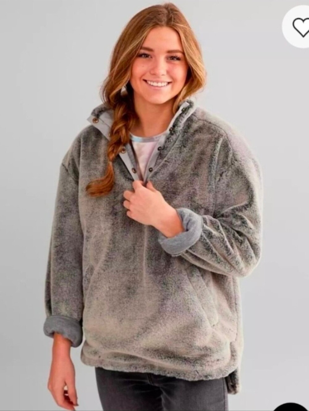 EUC Women's Buckle BKE Gray Plush 1/4 Button Pullover Jacket Size XL
